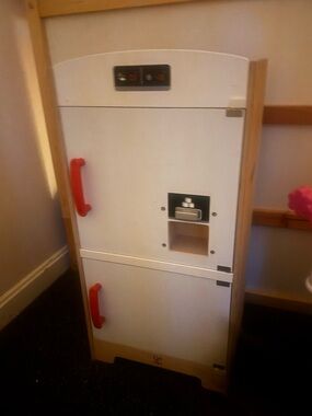HAPE wooden White Play Kitchen Fridge with Red Handles -